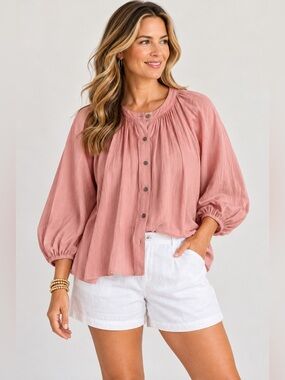 CO Essentials Blush Pink Button-Front Balloon Sleeve Blouse Cotton
